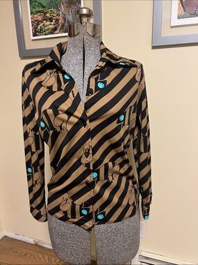 Vintage blue eyed Flippin Frog Striped polyester disco Shirt with wide collar